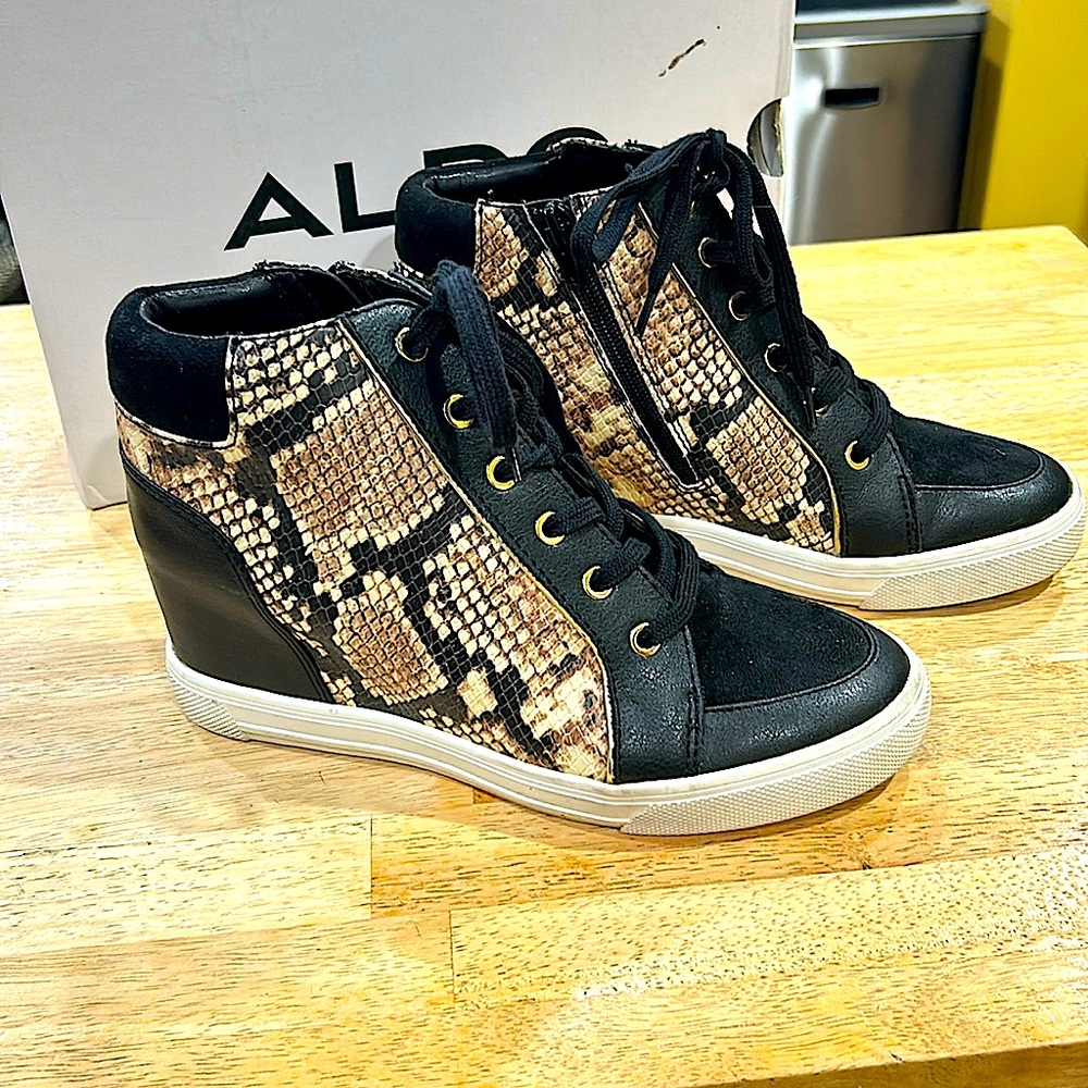 Aldo wedge sneakers, size 8.5. Black and animal print.